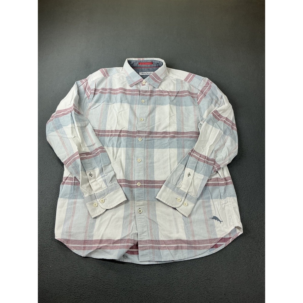 Tommy Bahama Shirt Mens L White Plaid Cotton Long Sleeve Button Up Relaxed